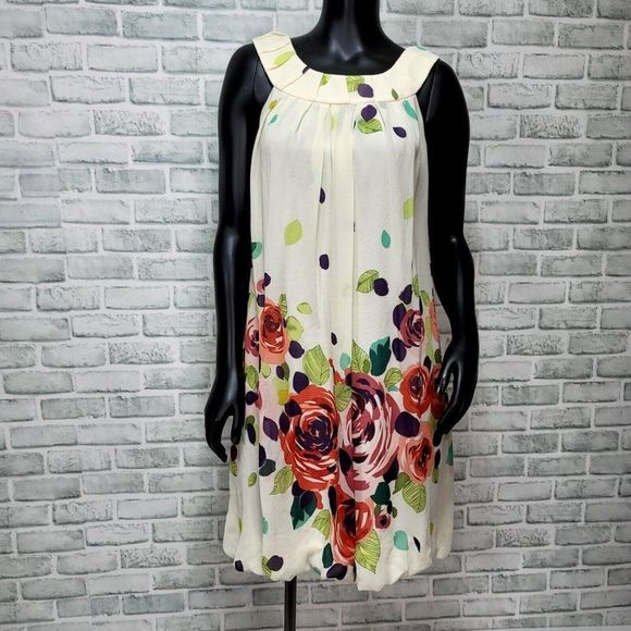 ADRIANNA PAPELL Womens 6 100% Silk Ivory Bubble Hem Casual‎ Summer Sun Dress - Picture 1 of 11